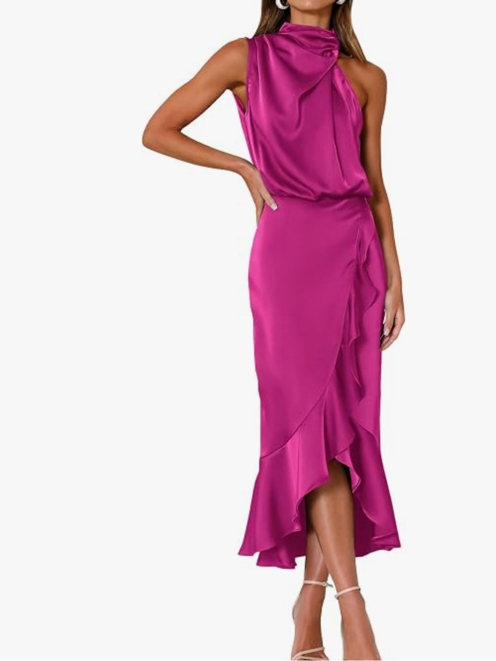 High-Neck Ruffle Satin Midi Dress in Fuchsia